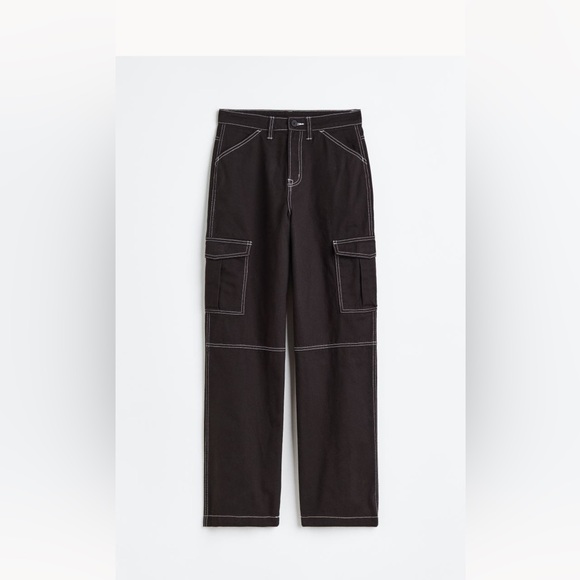 H&M jeans pants black twill cargo pants jeans white stitching size 8 NWT - Picture 3 of 9